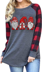 Women'S Christmas Gnome Shirt Xmas Buffalo Plaid Splicing Tshirt Long Sleeve Holiday Tops